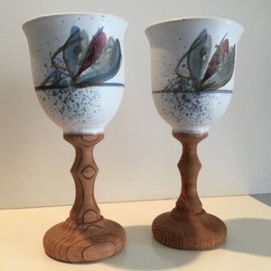 Vintage Stoneware wine goblets hand painted with wood base